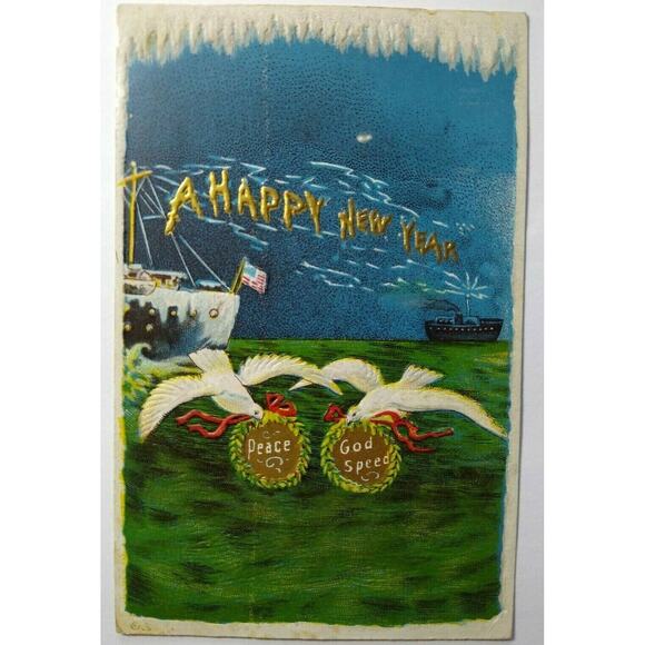 Antique New Years Postcard Ship Boats Harbor Seagulls Peace God Speed Series 209 - Picture 1 of 4